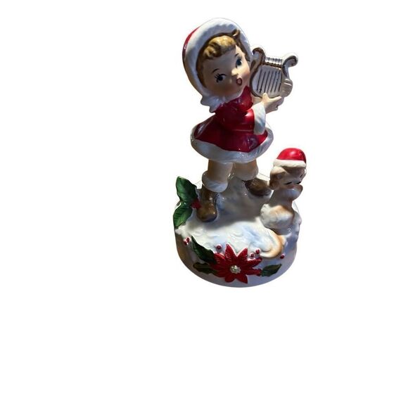Vintage Lefton Ceramic Christmas Music Box Pixie Girl With Harp & Dog 6.5” Retro - Picture 10 of 12